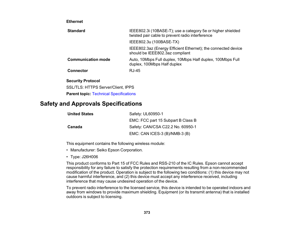 Safety and approvals specifications | Epson EcoTank Pro ET-5150 Wireless All-in-One Supertank Printer User Manual | Page 373 / 387