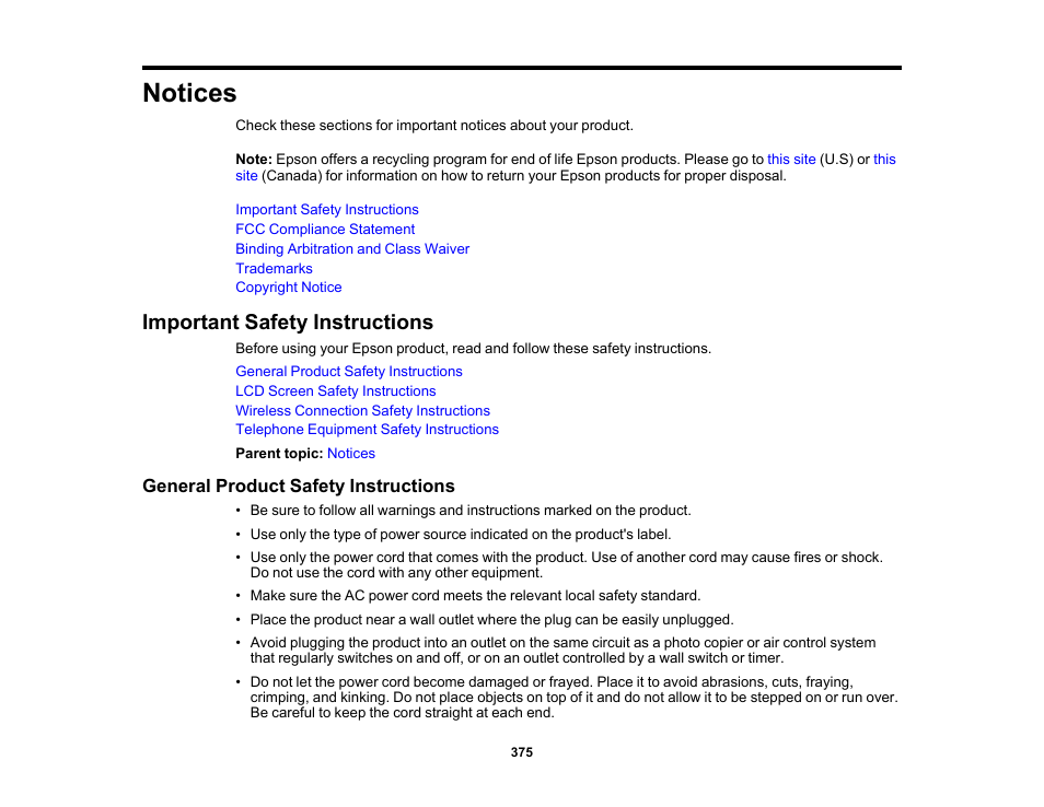 Notices, Important safety instructions, General product safety instructions | Epson EcoTank Pro ET-5150 Wireless All-in-One Supertank Printer User Manual | Page 375 / 387