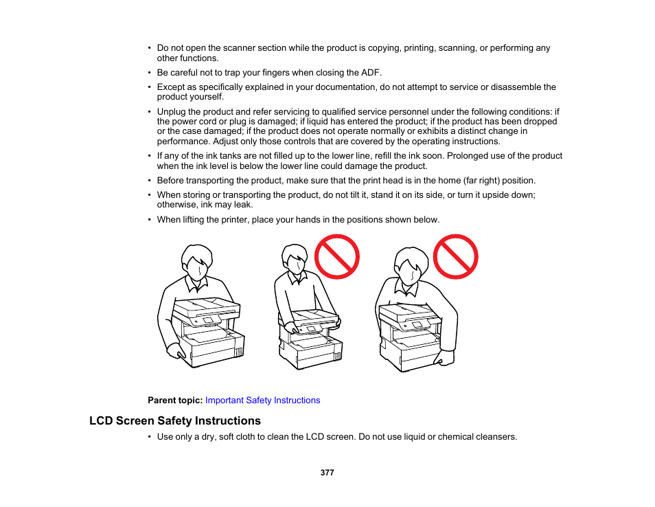 Lcd screen safety instructions | Epson EcoTank Pro ET-5150 Wireless All-in-One Supertank Printer User Manual | Page 377 / 387