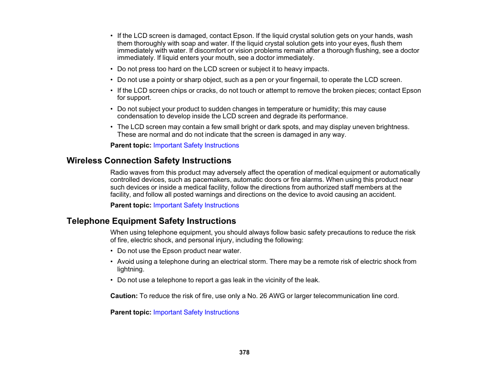 Wireless connection safety instructions, Telephone equipment safety instructions | Epson EcoTank Pro ET-5150 Wireless All-in-One Supertank Printer User Manual | Page 378 / 387