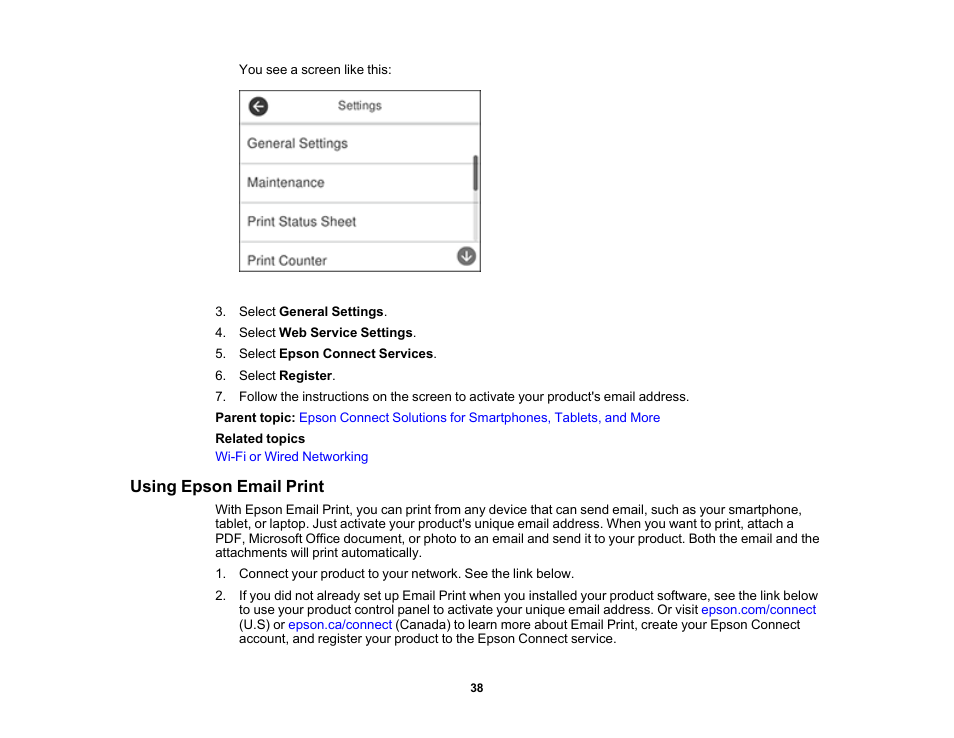 Using epson email print | Epson EcoTank Pro ET-5150 Wireless All-in-One Supertank Printer User Manual | Page 38 / 387