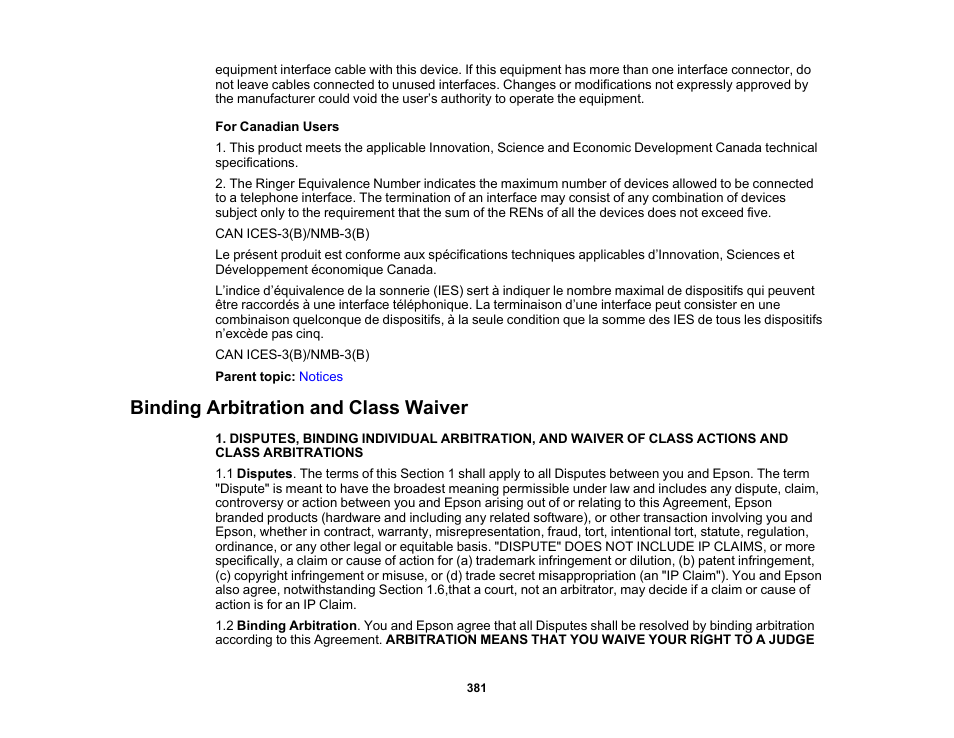 Binding arbitration and class waiver | Epson EcoTank Pro ET-5150 Wireless All-in-One Supertank Printer User Manual | Page 381 / 387