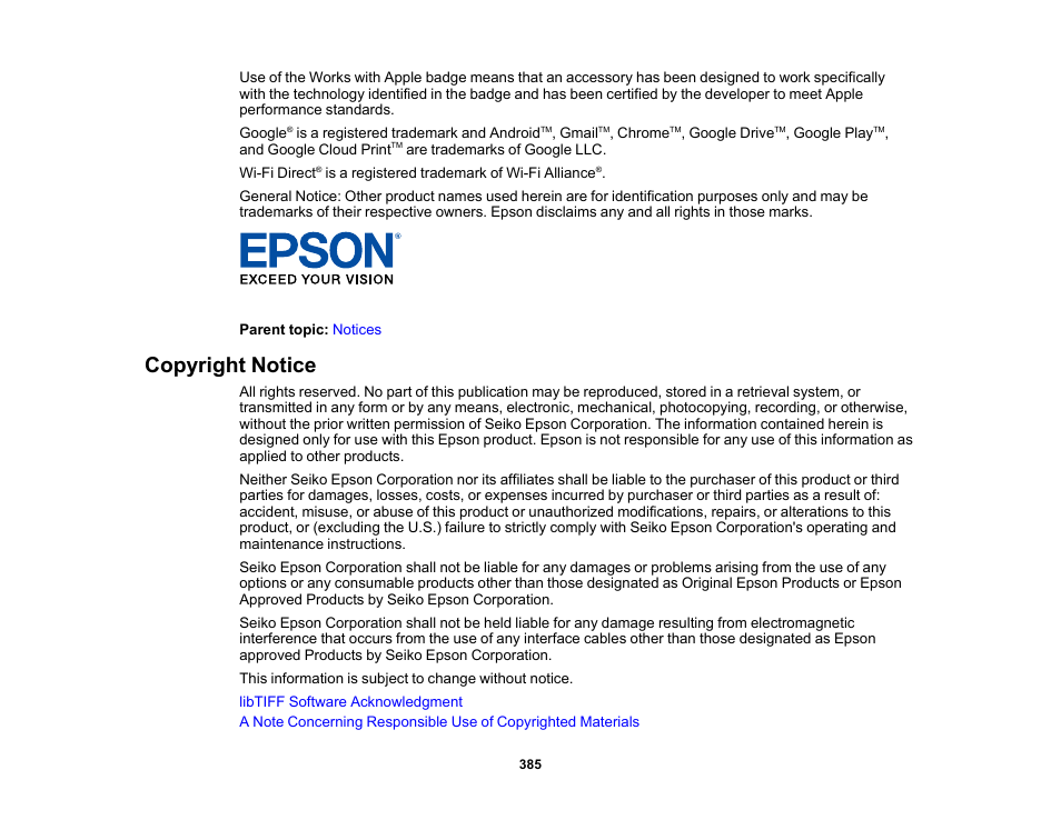 Copyright notice | Epson EcoTank Pro ET-5150 Wireless All-in-One Supertank Printer User Manual | Page 385 / 387