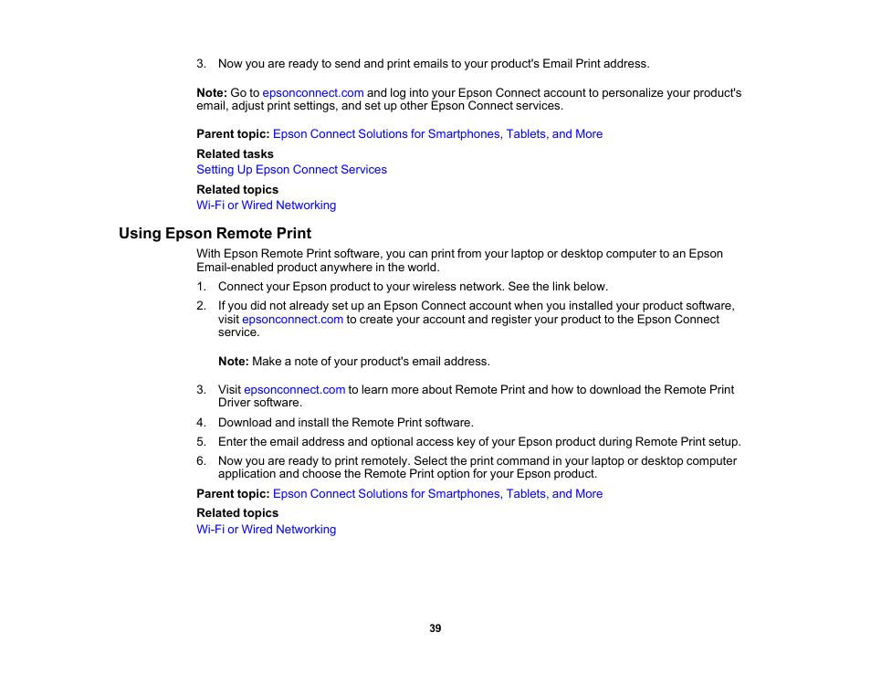 Using epson remote print | Epson EcoTank Pro ET-5150 Wireless All-in-One Supertank Printer User Manual | Page 39 / 387