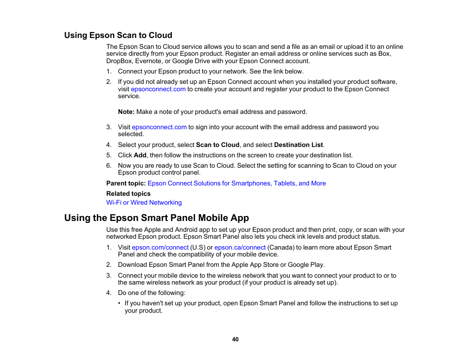 Using epson scan to cloud, Using the epson smart panel mobile app | Epson EcoTank Pro ET-5150 Wireless All-in-One Supertank Printer User Manual | Page 40 / 387