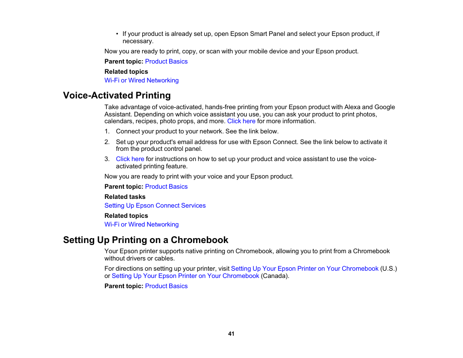 Voice-activated printing, Setting up printing on a chromebook | Epson EcoTank Pro ET-5150 Wireless All-in-One Supertank Printer User Manual | Page 41 / 387