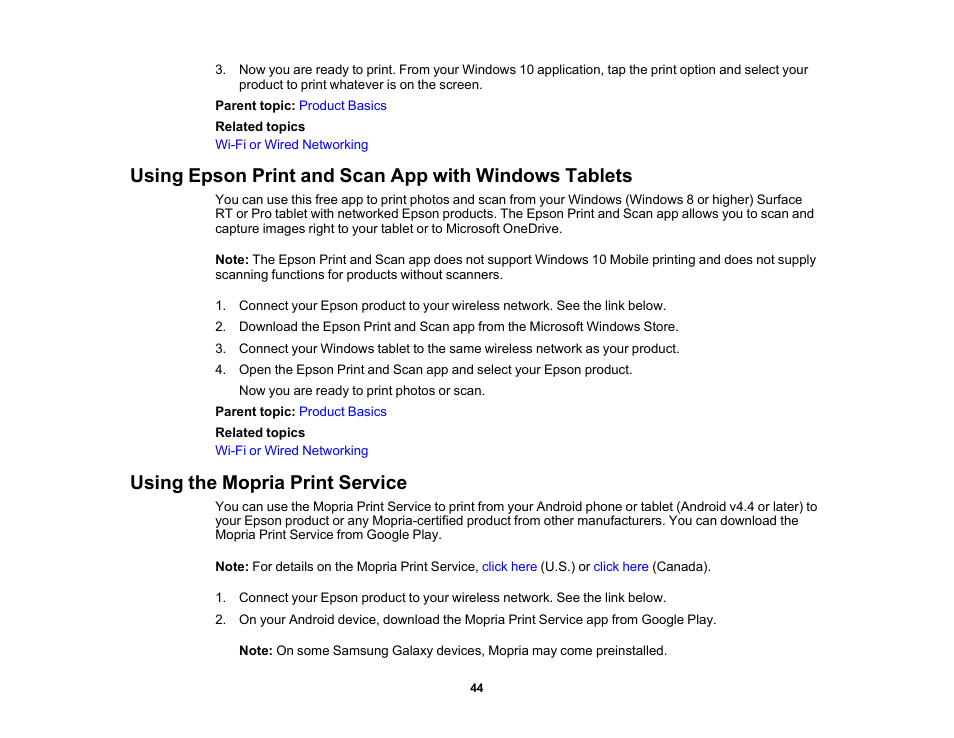 Using the mopria print service | Epson EcoTank Pro ET-5150 Wireless All-in-One Supertank Printer User Manual | Page 44 / 387