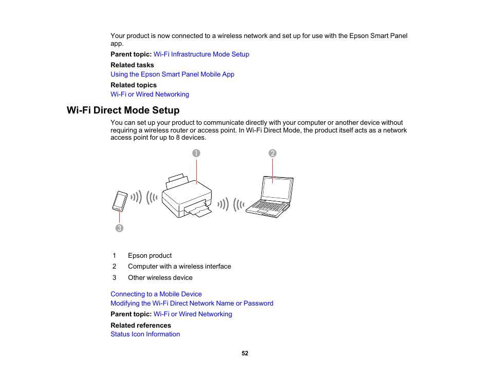 Wi-fi direct mode setup | Epson EcoTank Pro ET-5150 Wireless All-in-One Supertank Printer User Manual | Page 52 / 387