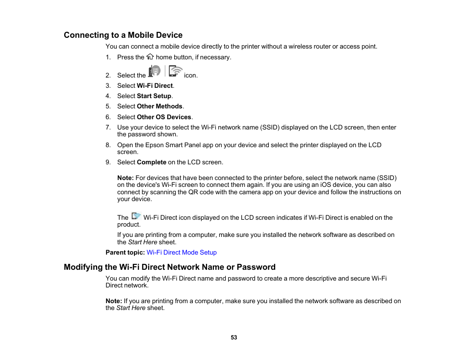 Connecting to a mobile device | Epson EcoTank Pro ET-5150 Wireless All-in-One Supertank Printer User Manual | Page 53 / 387