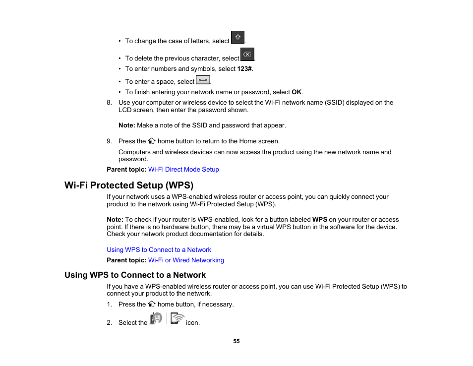 Wi-fi protected setup (wps), Using wps to connect to a network | Epson EcoTank Pro ET-5150 Wireless All-in-One Supertank Printer User Manual | Page 55 / 387