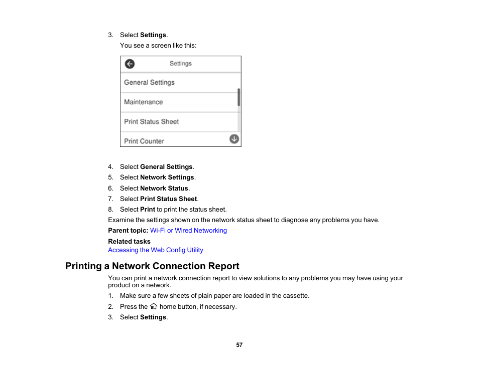 Printing a network connection report | Epson EcoTank Pro ET-5150 Wireless All-in-One Supertank Printer User Manual | Page 57 / 387