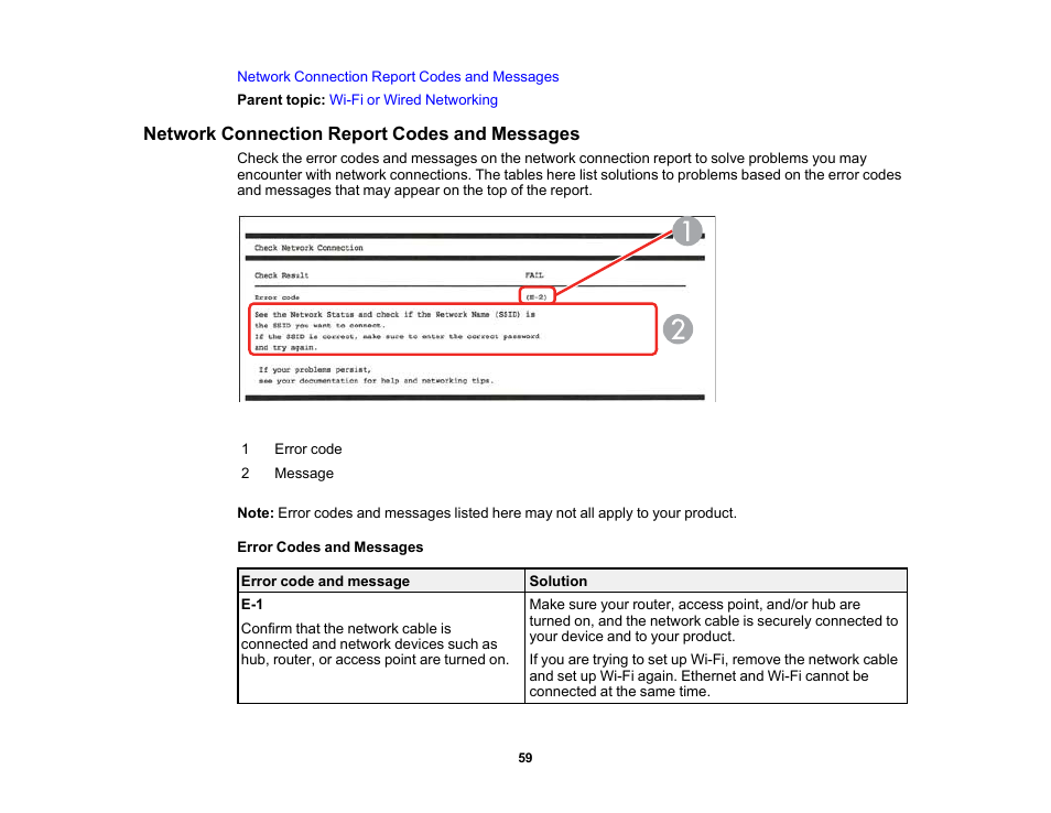 Network connection report codes and messages | Epson EcoTank Pro ET-5150 Wireless All-in-One Supertank Printer User Manual | Page 59 / 387