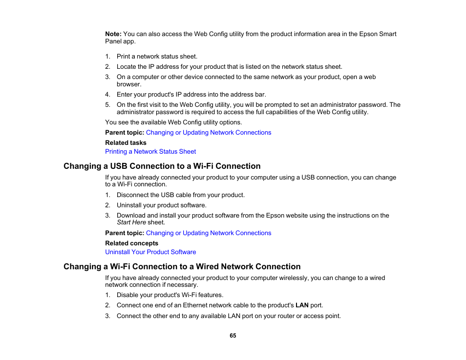 Changing a usb connection to a wi-fi connection | Epson EcoTank Pro ET-5150 Wireless All-in-One Supertank Printer User Manual | Page 65 / 387