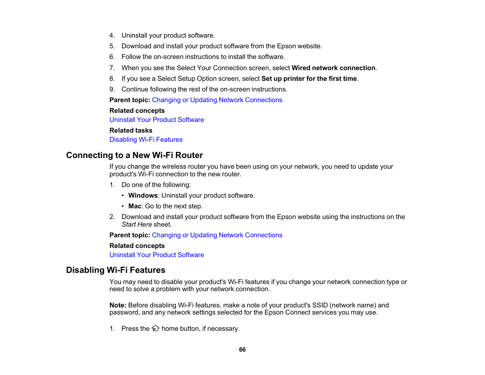 Connecting to a new wi-fi router, Disabling wi-fi features | Epson EcoTank Pro ET-5150 Wireless All-in-One Supertank Printer User Manual | Page 66 / 387