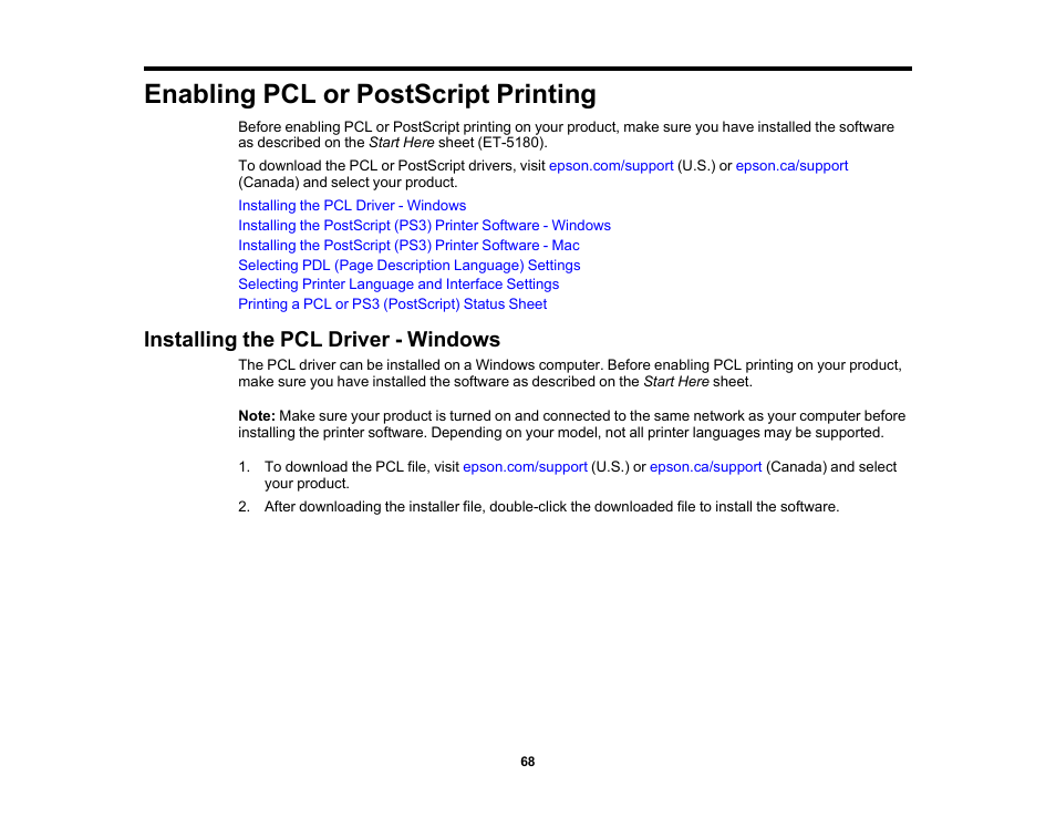 Enabling pcl or postscript printing, Installing the pcl driver - windows | Epson EcoTank Pro ET-5150 Wireless All-in-One Supertank Printer User Manual | Page 68 / 387