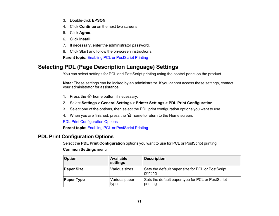 Pdl print configuration options, Selecting pdl (page description language) settings | Epson EcoTank Pro ET-5150 Wireless All-in-One Supertank Printer User Manual | Page 71 / 387