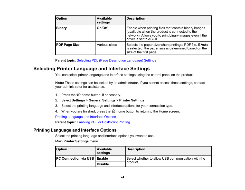 Selecting printer language and interface settings, Printing language and interface options | Epson EcoTank Pro ET-5150 Wireless All-in-One Supertank Printer User Manual | Page 74 / 387