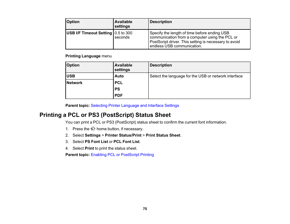 Printing a pcl or ps3 (postscript) status sheet | Epson EcoTank Pro ET-5150 Wireless All-in-One Supertank Printer User Manual | Page 75 / 387