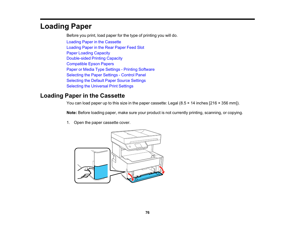 Loading paper, Loading paper in the cassette | Epson EcoTank Pro ET-5150 Wireless All-in-One Supertank Printer User Manual | Page 76 / 387