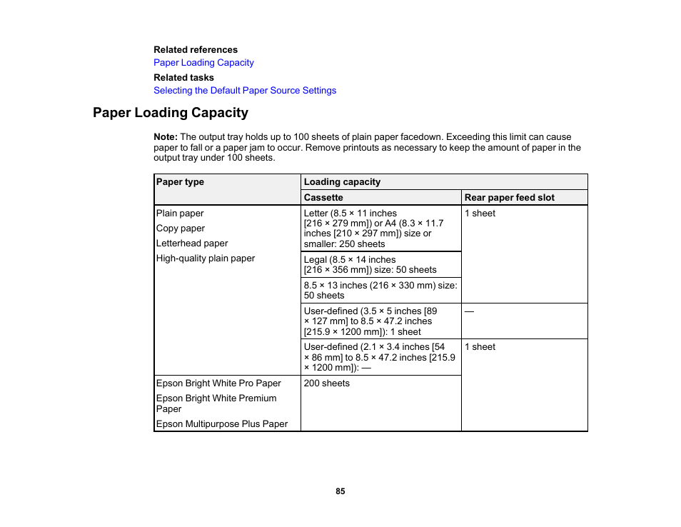 Paper loading capacity | Epson EcoTank Pro ET-5150 Wireless All-in-One Supertank Printer User Manual | Page 85 / 387