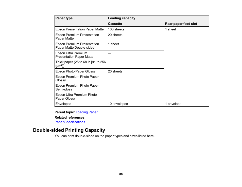 Double-sided printing capacity | Epson EcoTank Pro ET-5150 Wireless All-in-One Supertank Printer User Manual | Page 86 / 387