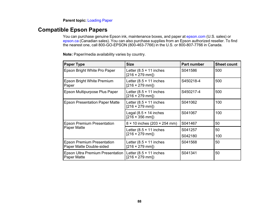 Compatible epson papers | Epson EcoTank Pro ET-5150 Wireless All-in-One Supertank Printer User Manual | Page 88 / 387