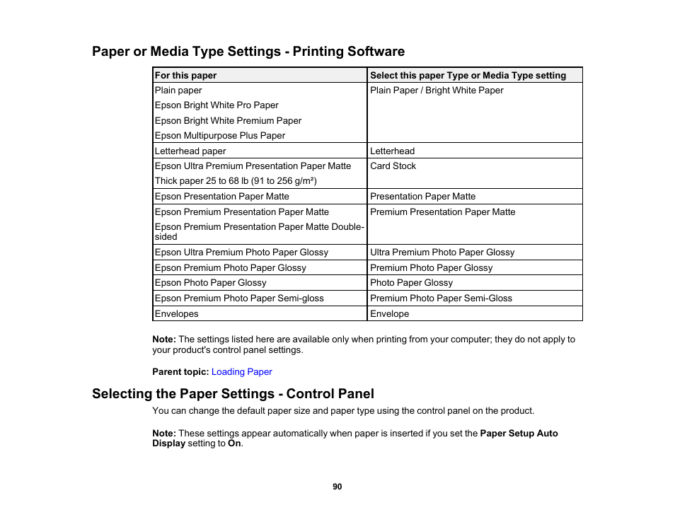 Paper or media type settings - printing software, Selecting the paper settings - control panel | Epson EcoTank Pro ET-5150 Wireless All-in-One Supertank Printer User Manual | Page 90 / 387