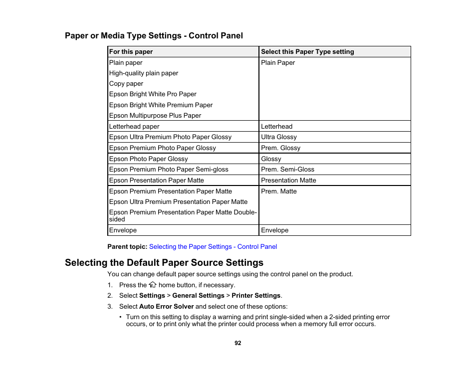 Paper or media type settings - control panel, Selecting the default paper source settings | Epson EcoTank Pro ET-5150 Wireless All-in-One Supertank Printer User Manual | Page 92 / 387