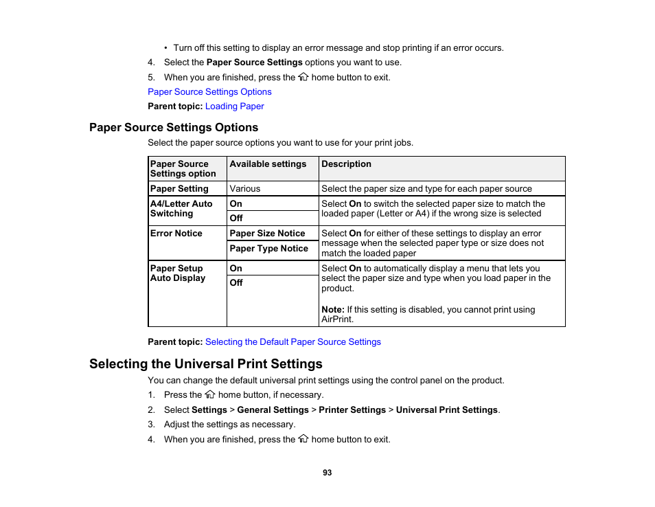 Paper source settings options, Selecting the universal print settings | Epson EcoTank Pro ET-5150 Wireless All-in-One Supertank Printer User Manual | Page 93 / 387