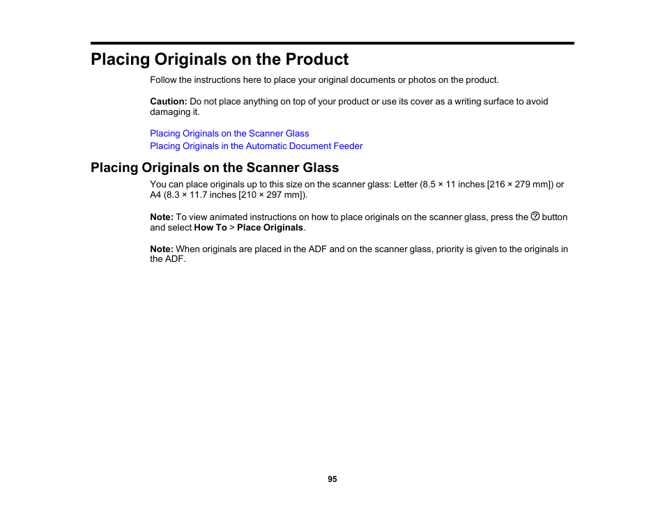 Placing originals on the product, Placing originals on the scanner glass | Epson EcoTank Pro ET-5150 Wireless All-in-One Supertank Printer User Manual | Page 95 / 387