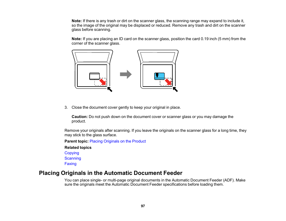 Placing originals in the automatic document feeder | Epson EcoTank Pro ET-5150 Wireless All-in-One Supertank Printer User Manual | Page 97 / 387