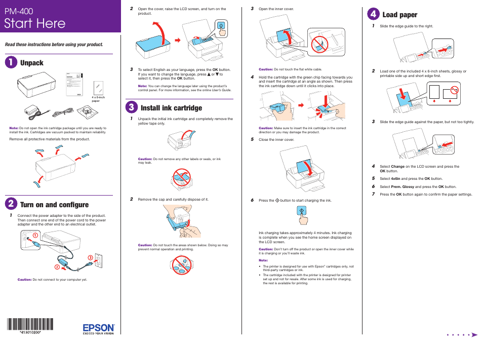 Load paper, Start here, Pm-400 | Unpack, Turn on and configure, Install ink cartridge | Epson PictureMate PM-400 Personal Photo Lab User Manual | Page 2 / 4