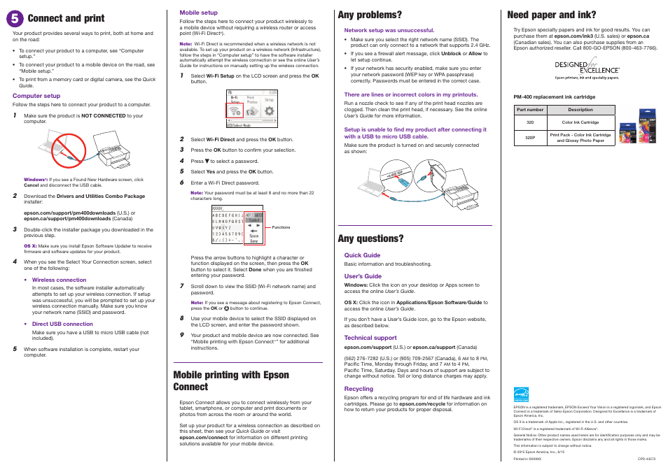 Any problems, Any questions, Need paper and ink | Mobile printing with epson connect, Connect and print | Epson PictureMate PM-400 Personal Photo Lab User Manual | Page 4 / 4