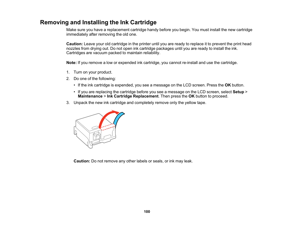 Removing and installing the ink cartridge | Epson PictureMate PM-400 Personal Photo Lab User Manual | Page 100 / 164