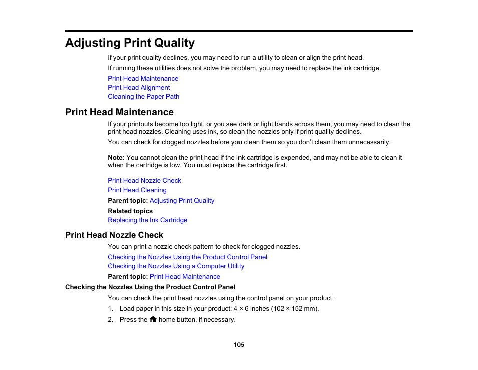 Adjusting print quality, Print head maintenance, Print head nozzle check | Epson PictureMate PM-400 Personal Photo Lab User Manual | Page 105 / 164