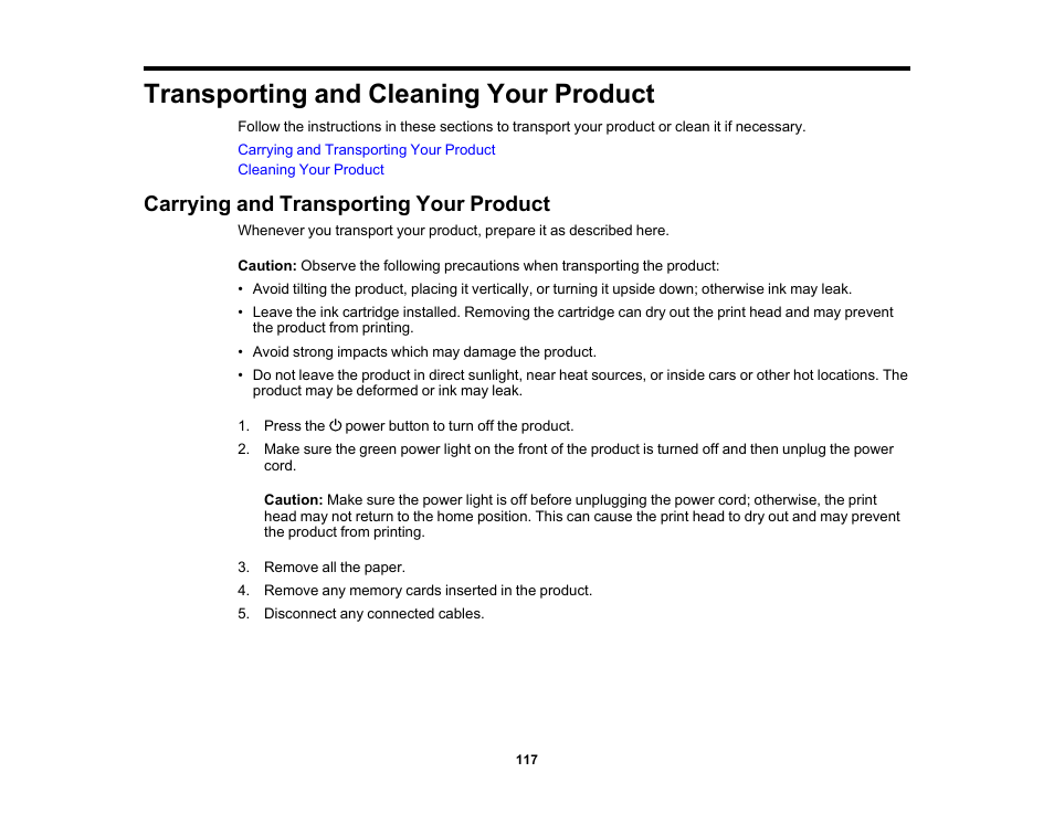 Transporting and cleaning your product, Carrying and transporting your product | Epson PictureMate PM-400 Personal Photo Lab User Manual | Page 117 / 164