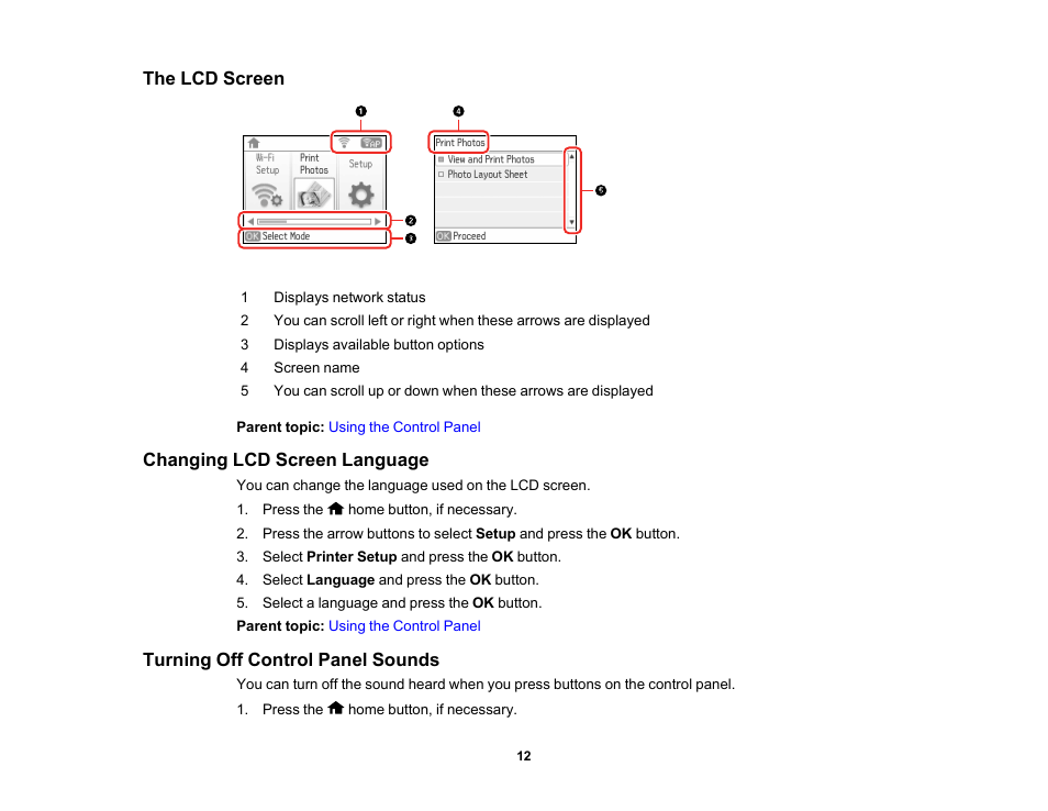 The lcd screen, Changing lcd screen language, Turning off control panel sounds | Epson PictureMate PM-400 Personal Photo Lab User Manual | Page 12 / 164