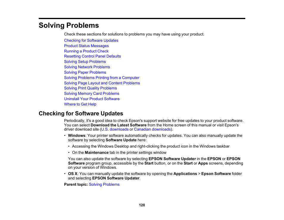 Solving problems, Checking for software updates | Epson PictureMate PM-400 Personal Photo Lab User Manual | Page 120 / 164