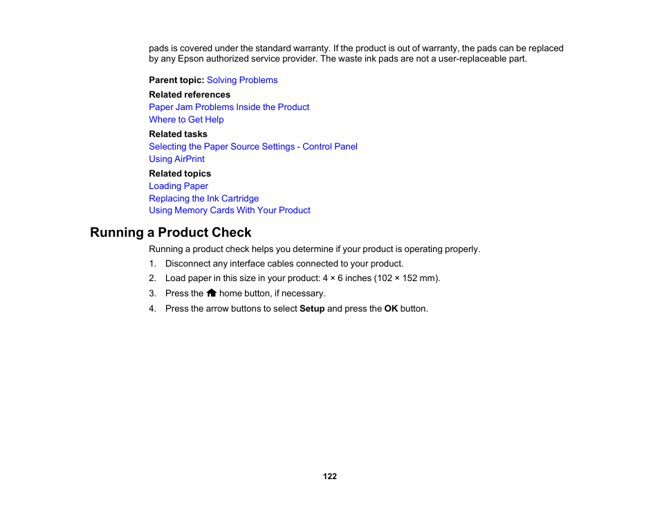 Running a product check | Epson PictureMate PM-400 Personal Photo Lab User Manual | Page 122 / 164