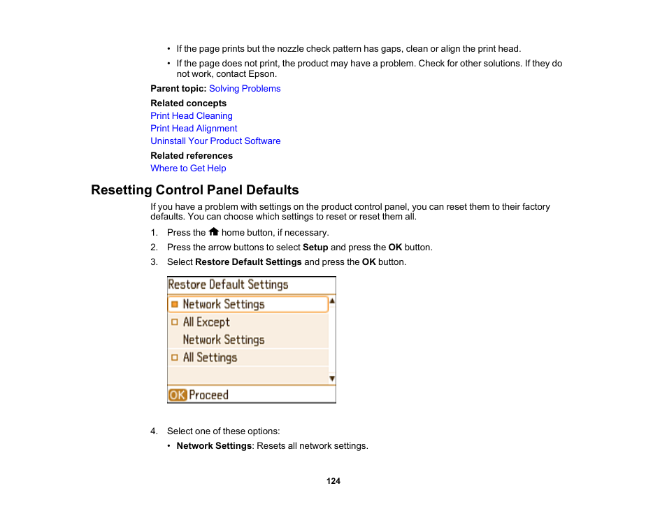 Resetting control panel defaults | Epson PictureMate PM-400 Personal Photo Lab User Manual | Page 124 / 164