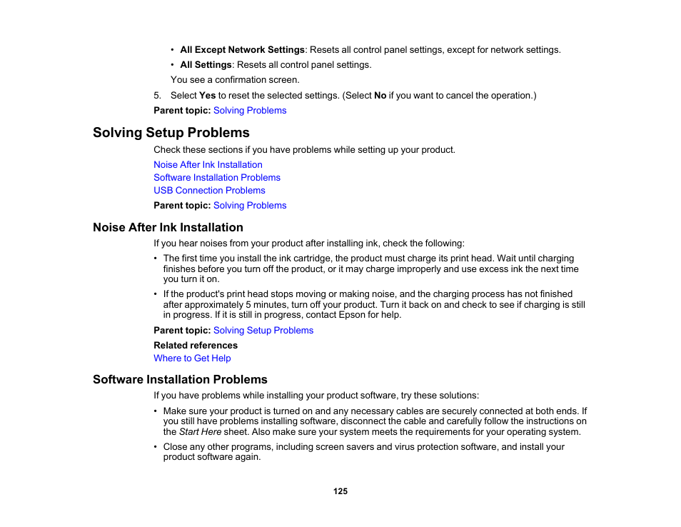 Solving setup problems, Noise after ink installation, Software installation problems | Epson PictureMate PM-400 Personal Photo Lab User Manual | Page 125 / 164