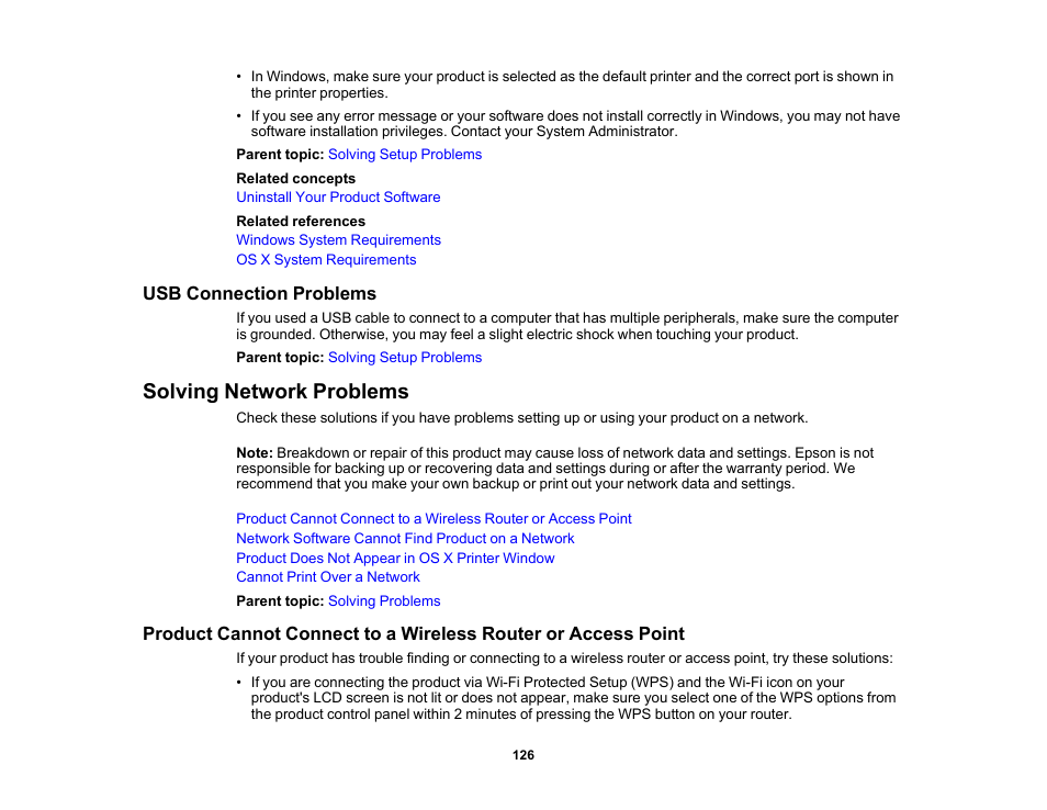 Usb connection problems, Solving network problems | Epson PictureMate PM-400 Personal Photo Lab User Manual | Page 126 / 164