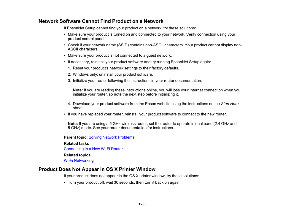 Network software cannot find product on a network, Product does not appear in os x printer window | Epson PictureMate PM-400 Personal Photo Lab User Manual | Page 128 / 164