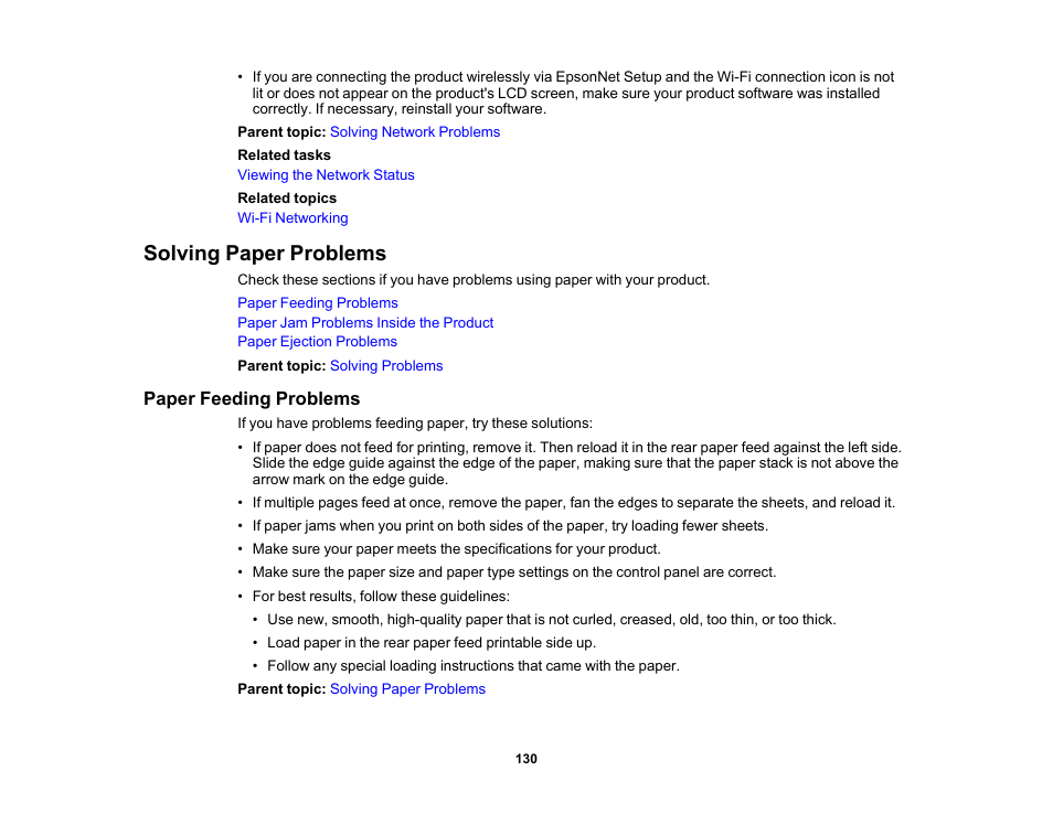 Solving paper problems, Paper feeding problems | Epson PictureMate PM-400 Personal Photo Lab User Manual | Page 130 / 164