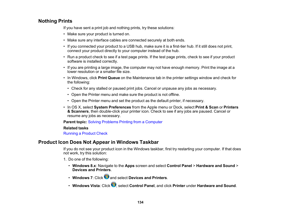 Nothing prints, Product icon does not appear in windows taskbar | Epson PictureMate PM-400 Personal Photo Lab User Manual | Page 134 / 164