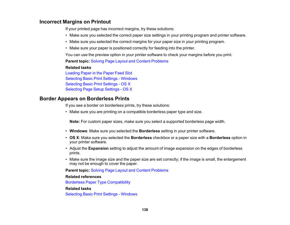 Incorrect margins on printout, Border appears on borderless prints | Epson PictureMate PM-400 Personal Photo Lab User Manual | Page 138 / 164