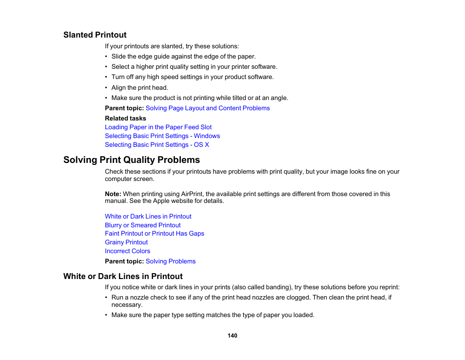 Slanted printout, Solving print quality problems, White or dark lines in printout | Epson PictureMate PM-400 Personal Photo Lab User Manual | Page 140 / 164