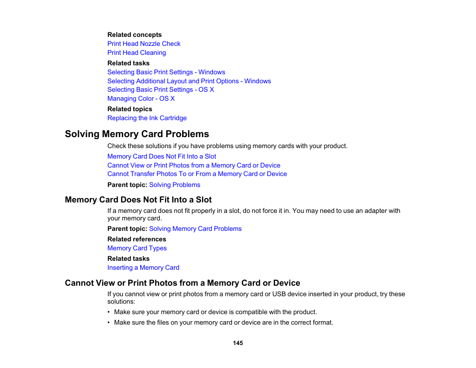 Solving memory card problems, Memory card does not fit into a slot | Epson PictureMate PM-400 Personal Photo Lab User Manual | Page 145 / 164