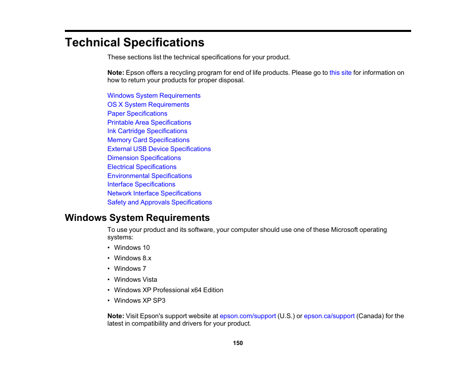 Technical specifications, Windows system requirements | Epson PictureMate PM-400 Personal Photo Lab User Manual | Page 150 / 164