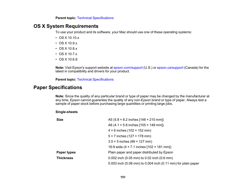 Os x system requirements, Paper specifications, Os x system requirements paper specifications | Epson PictureMate PM-400 Personal Photo Lab User Manual | Page 151 / 164